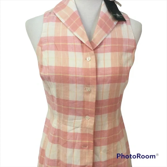 NWT Brooks Brothers Country Club Rose Pink Plaid Linen A-Line Dress, Size  (2)